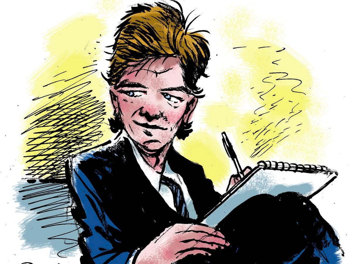 A stylized comic portrait of a rock musician in a suit playing an electric guitar while lightning-like lines swirl around.